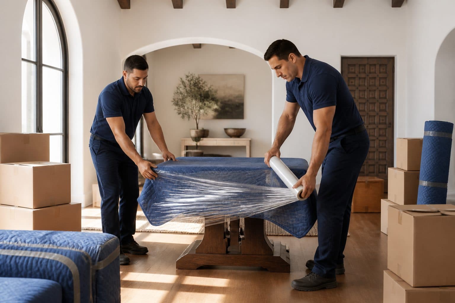 Operarios de Mudanzas Penínsulas embalando muebles en una mudanza en A Coruña