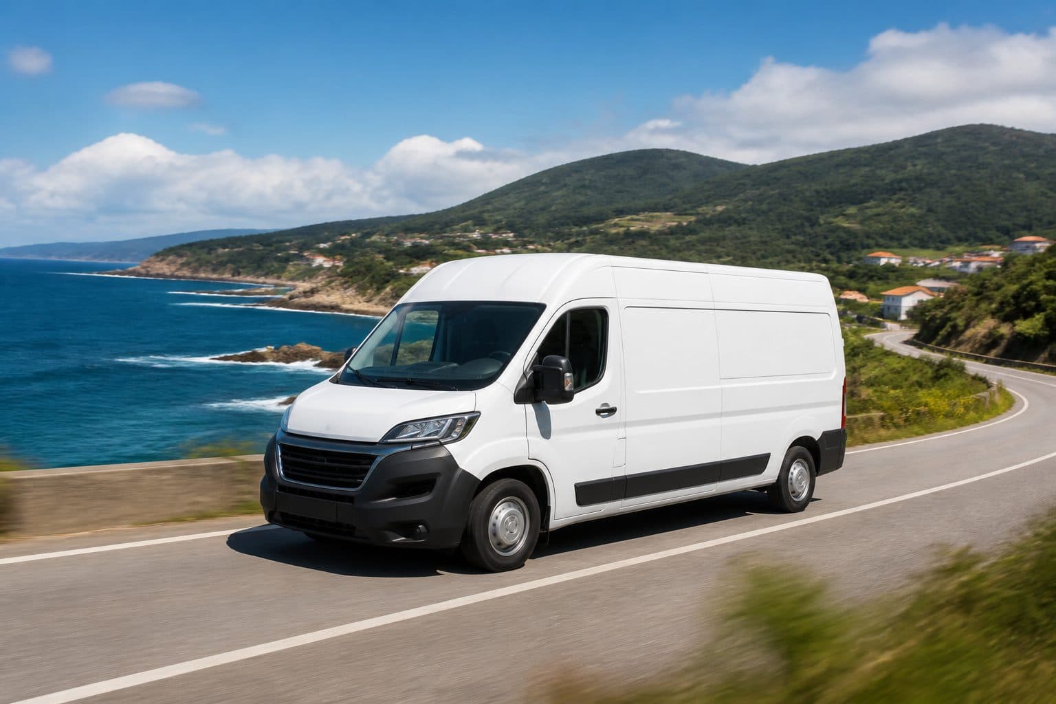 Furgoneta de transporte de Mudanzas Penínsulas circulando por la costa de Galicia